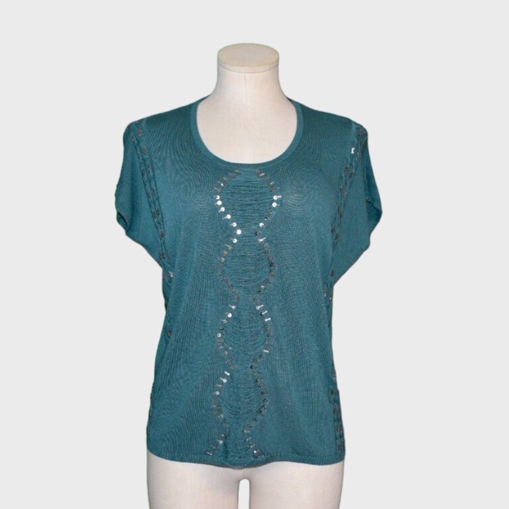 Alberto Makali Frayed Sequin Cable Knit Batwing‎ Top